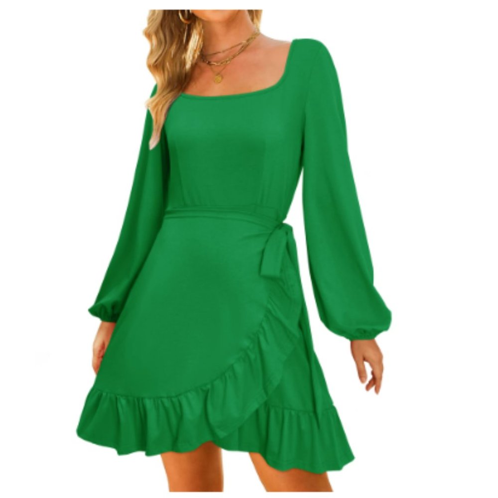 Women's Square Neck Lantern Long Sleeve Tie Waist Dress
